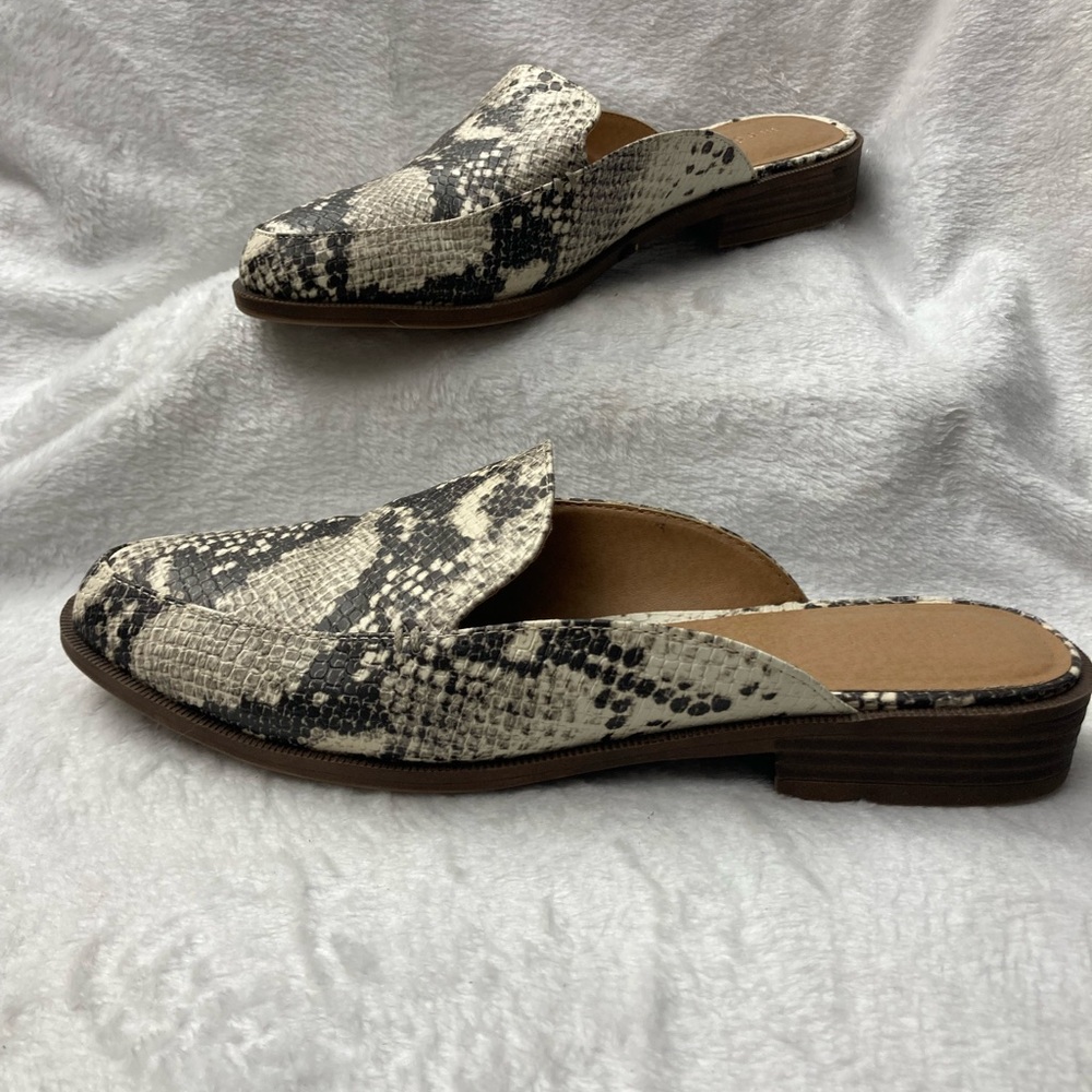 Madden Girl Black and Cream Snakeskin Mules